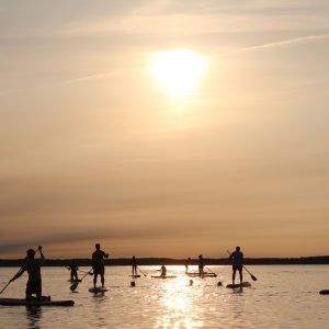 Varias personas haciendo paddlesurf al atardecer